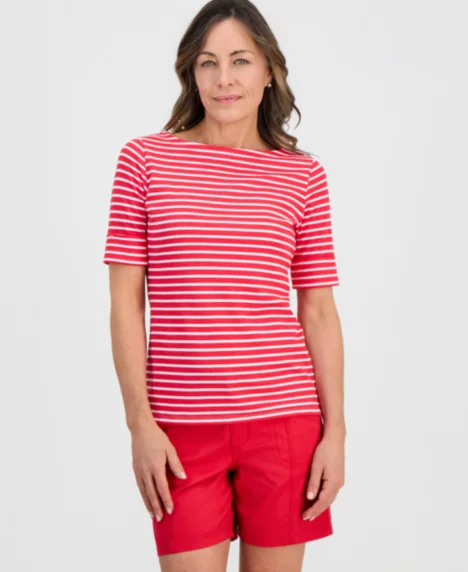 Petite Striped Boat-Neck Elbow-Sleeve Top - Fresh Lipstick