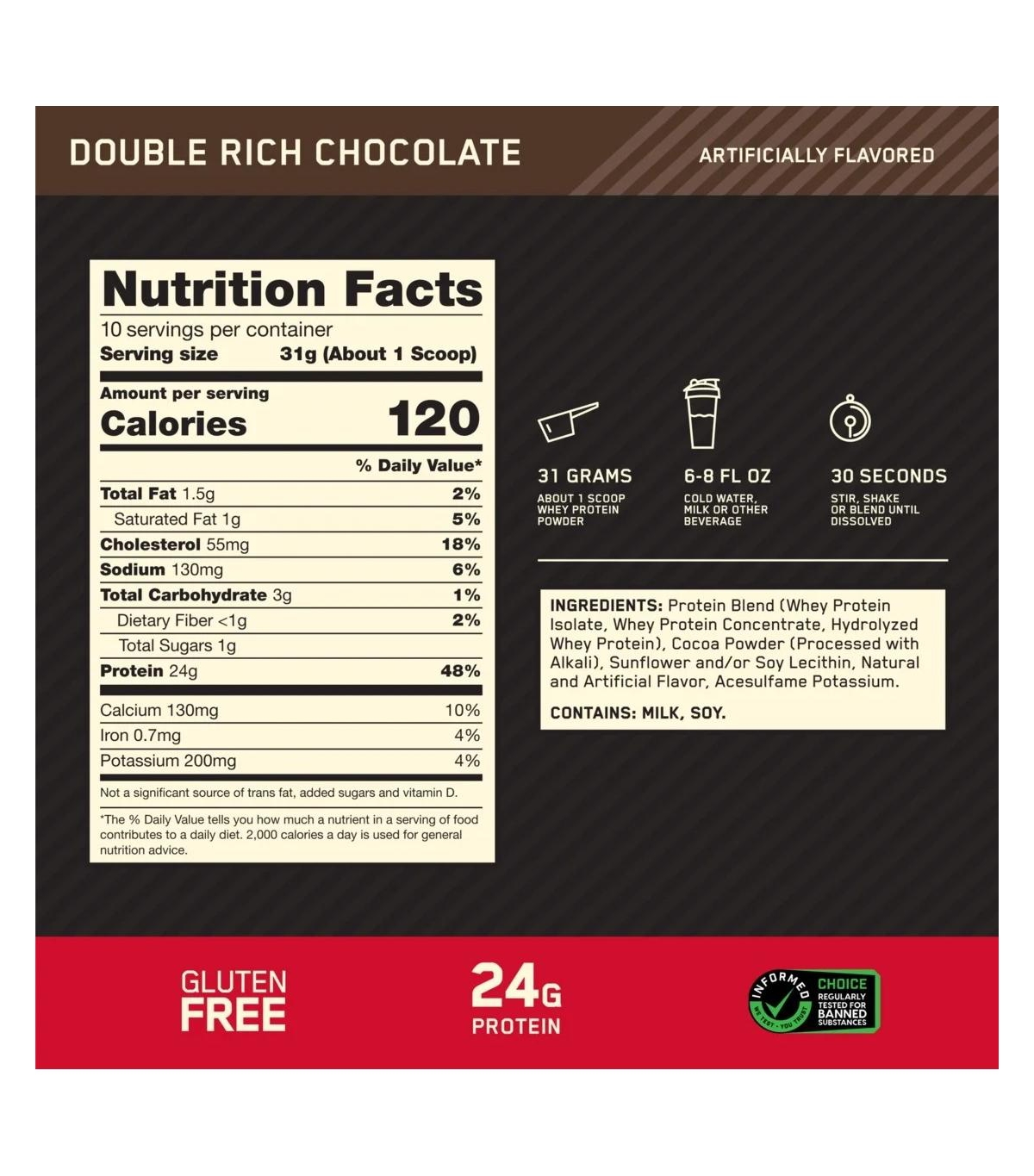 Optimum Nutrition Gold Standard 100% Whey Protein Powder, Double Rich Chocolate, 0.68 Pound