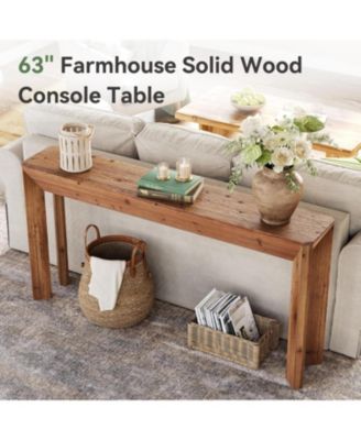 Solid Wood Console Table for Living Room, 63" Farmhouse Entryway Table with Integrated Splayed Legs, Brown