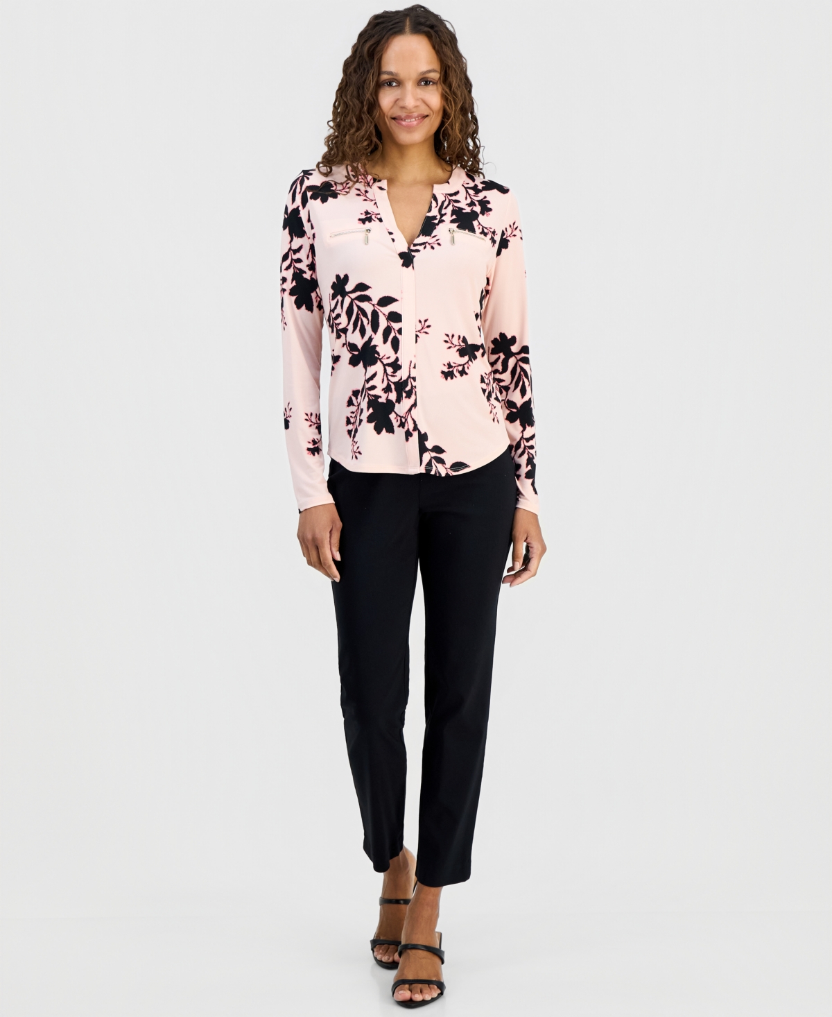 Jm Collection Petite Cameron Floral Split-Neck Zip-Pocket Top, Macy's Exclusive