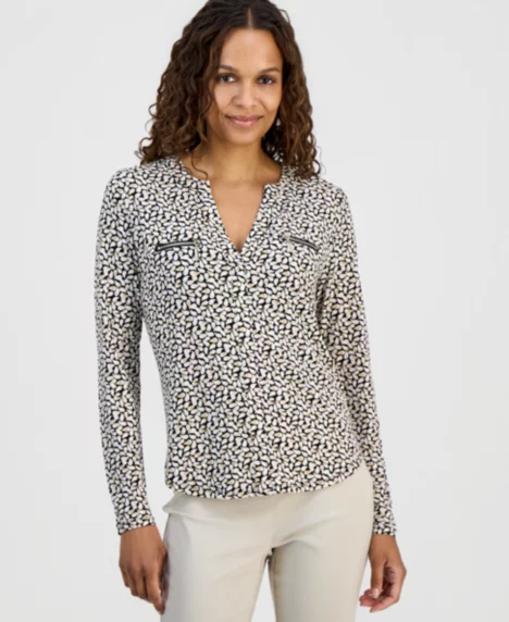 Petite Delicate Paisley Split-Neck Zip-Pocket Top - Black