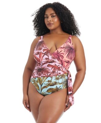 Plus Size White Lotus Full Coverage Tie-Knot Detail One-Piece Swimsuit