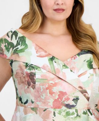 Plus Size Printed Off-The-Shoulder Gown