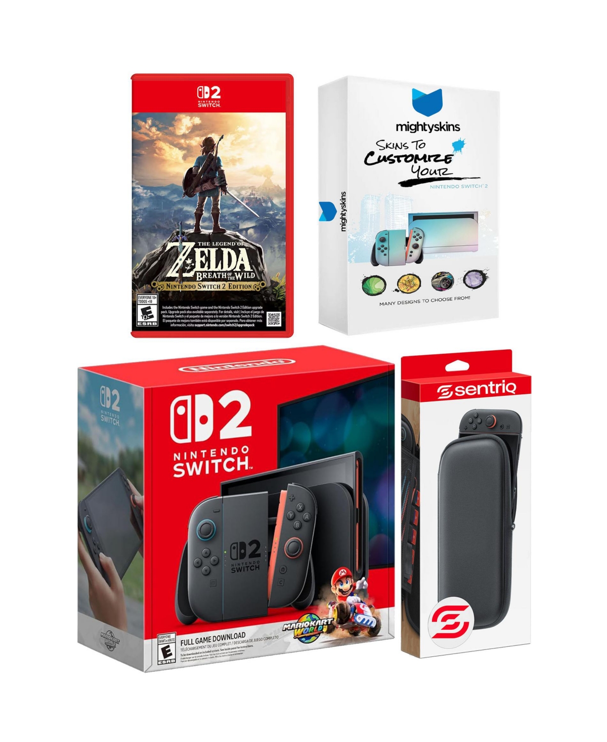 Nintendo Switch 2 + Mario Kart World, Zelda Breath of the Wild, MightySkins Code and Protective Case Bundle