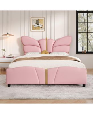Streamdale Queen Upholstered Bed Frame, Butterfly Headboard, Gold Accents