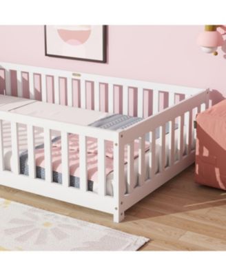 Twin Floor Bed with Fence, Rubber Wood