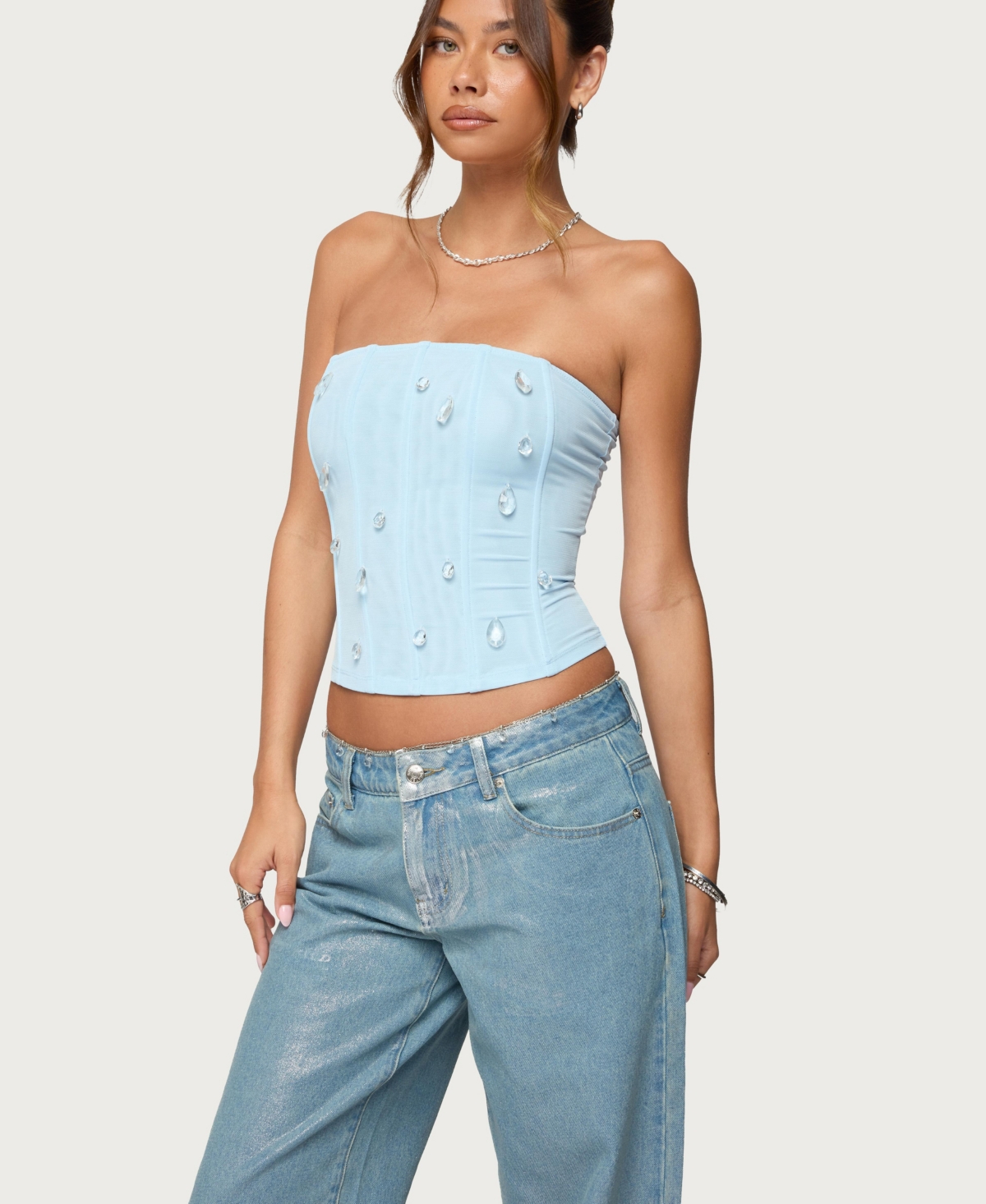 Edikted Women's Lexah Faux Crystal Strapless Mesh Corset