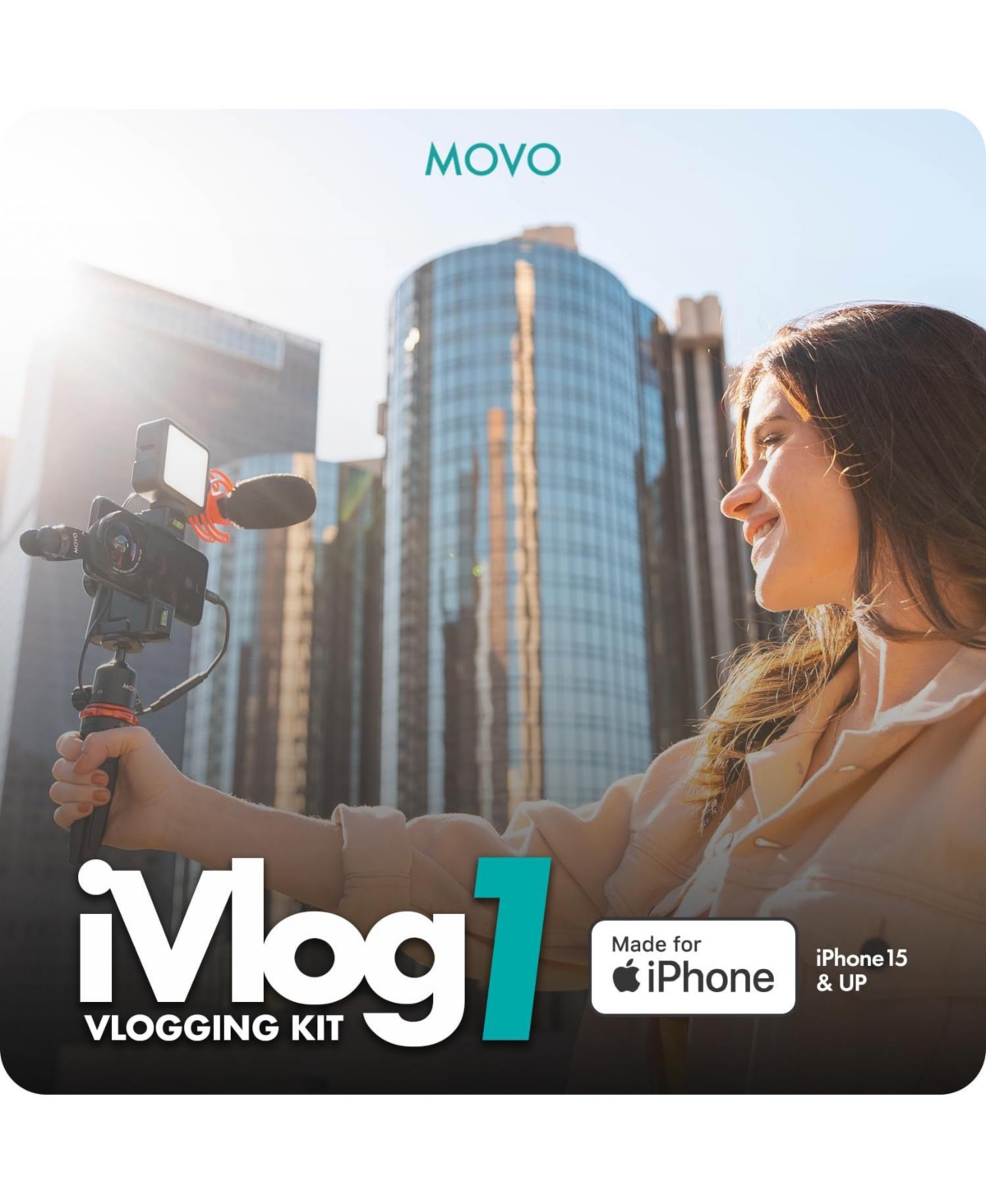 Movo iVlog1-ip Vlogging Kit for iPhone 15/16/17 and up (Usb-c) with Microphone, Mini Tripod, Led Light, Wide-Angle Lens