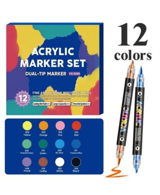 12 Colors Soft and Hard Double-Headed Straight Liquid Acrylic Pen, Student DIY Graffiti Pen for Rock Painting, Wood, Ceramic and DIY Crafts