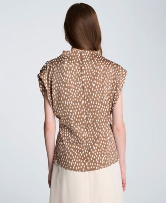 Women's Satin Dot Belted Drape Cowl Neck Top