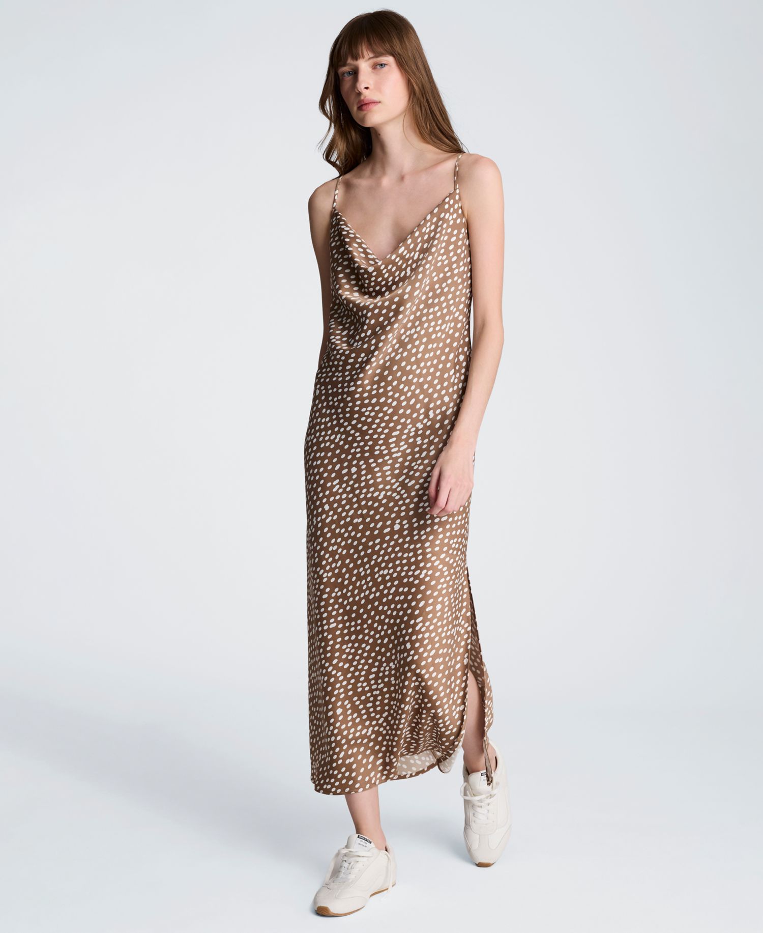 Women's Satin Dot Print Cowl Neck Slip Midi Dress
