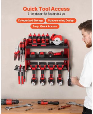 Wall-Mount Power Tool Organizer, 3-Tier Rack w/ 4 Drill Holders & Side Pegboards, Garage/Workshop Storage