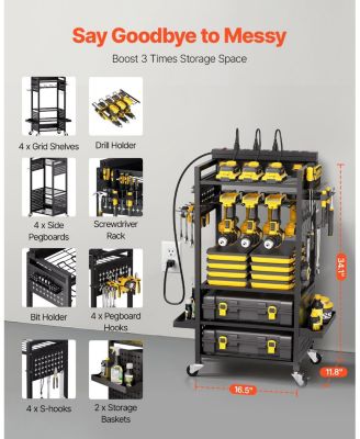 5-Tier Tool Organizer Cart w/ Charging Station, 8 AC Outlets, Rolling Drill Holder & Battery Storage