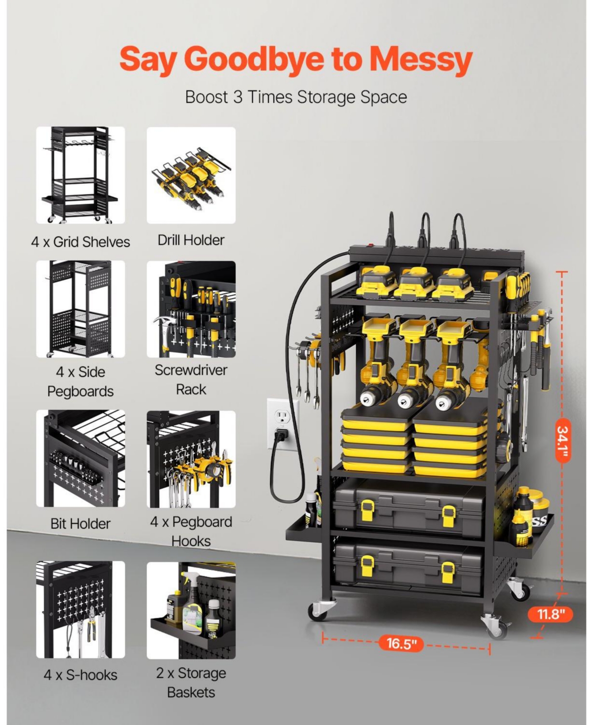 Mecale 5-Tier Tool Organizer Cart w/ Charging Station, 8 Ac Outlets, Rolling Drill Holder & Battery Storage