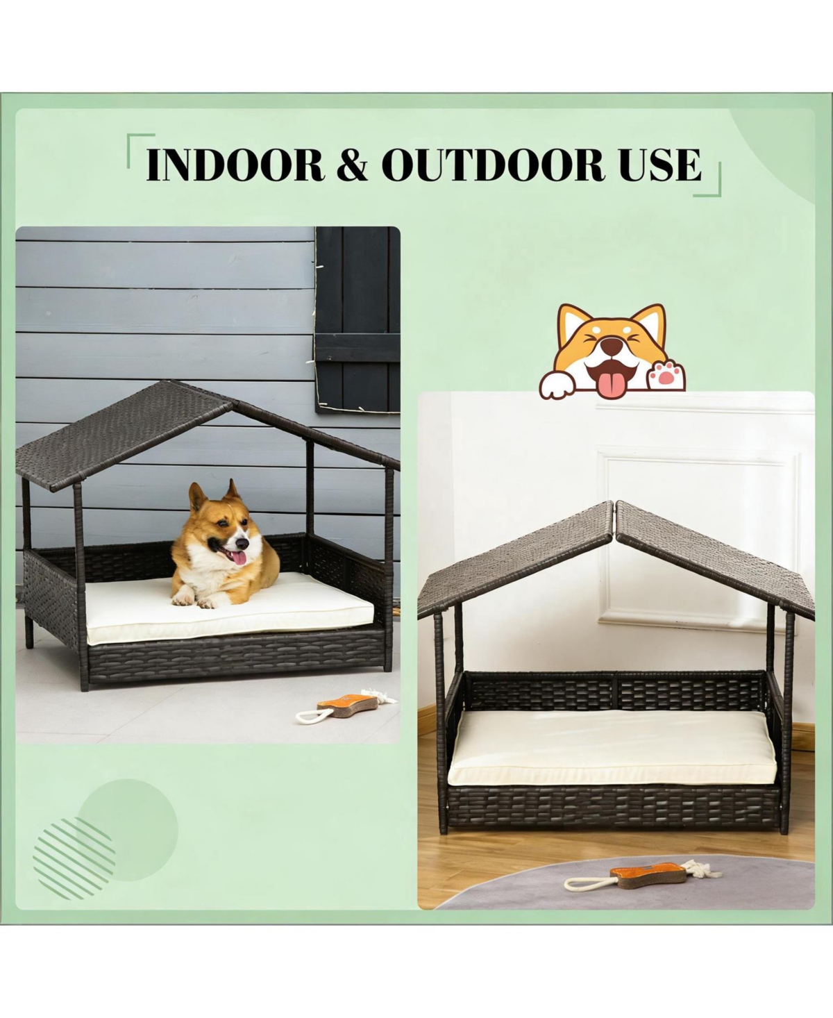 Aostirmotor Rattan Dog House with Cream White Cushion for Outdoor in Dark Coffee