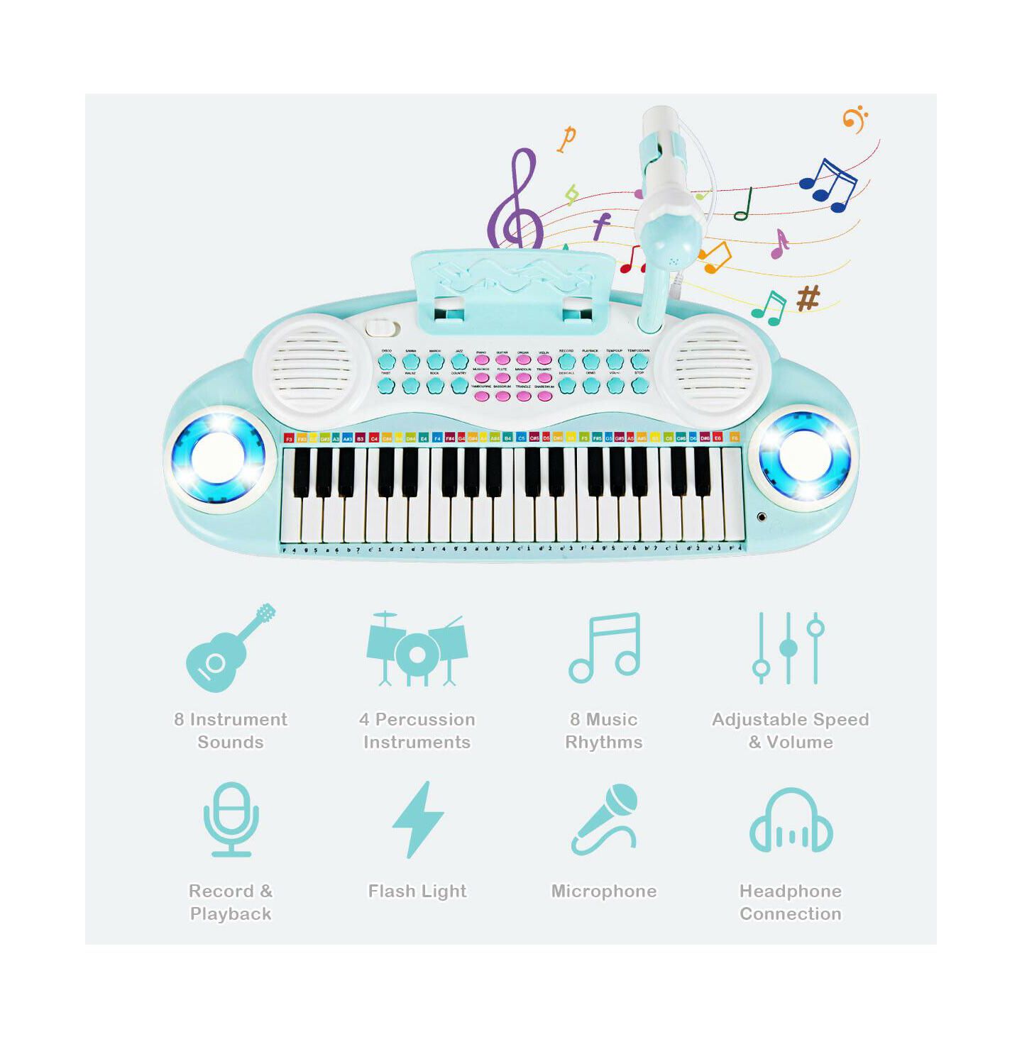 Детская игрушка HONGGE 37-Key Kids Electric Keyboard Piano With Learning Functions, Ages 18 Months+, цвет: Синий — фото 4