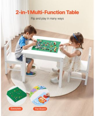 Kids Activity Table & 2 Chairs Set, Double-Sided Blocks Tabletop w/ Storage, Ages 3+, White
