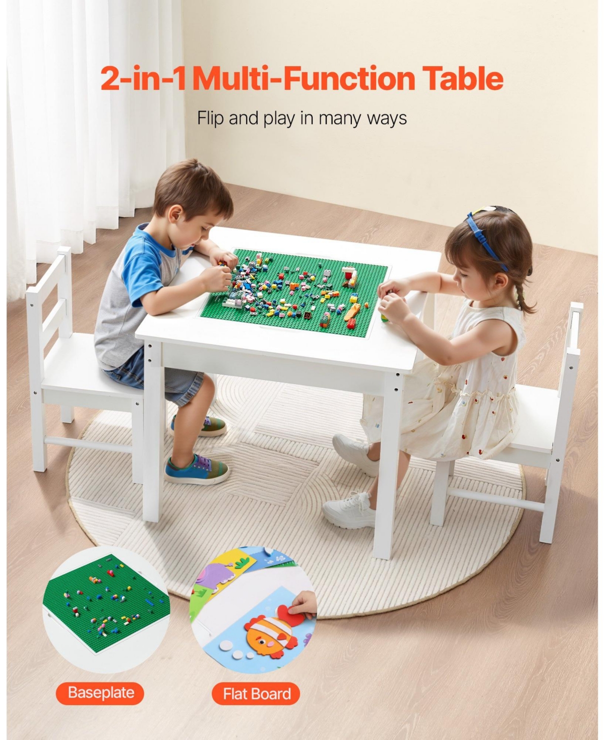 Mecale Kids Activity Table & 2 Chairs Set, Double-Sided Blocks Tabletop w/ Storage, Ages 3+, White