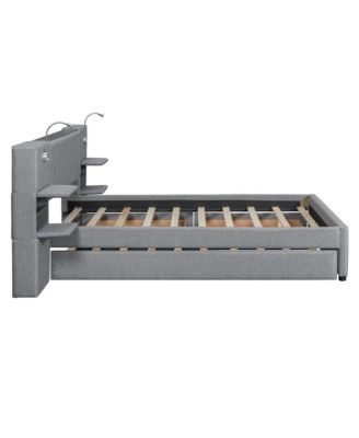 Queen Size Upholstered Platform Bed with Reading Lights and Storage Solutions