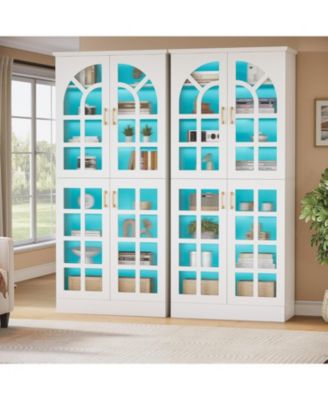 8-Tier Bookshelf with Doors and LED Lights Set of 2, 68.9" Tall Bookcase with Adjustable Shelves, Modern Wooden Display Cabinet, White