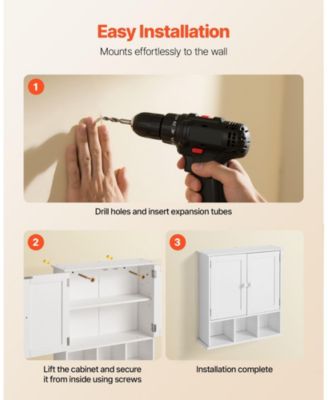 Bathroom Wall Cabinet, 2 Doors, Adjustable Shelf, Wall-Mounted Over-Toilet Storage w/ Open Shelves, White