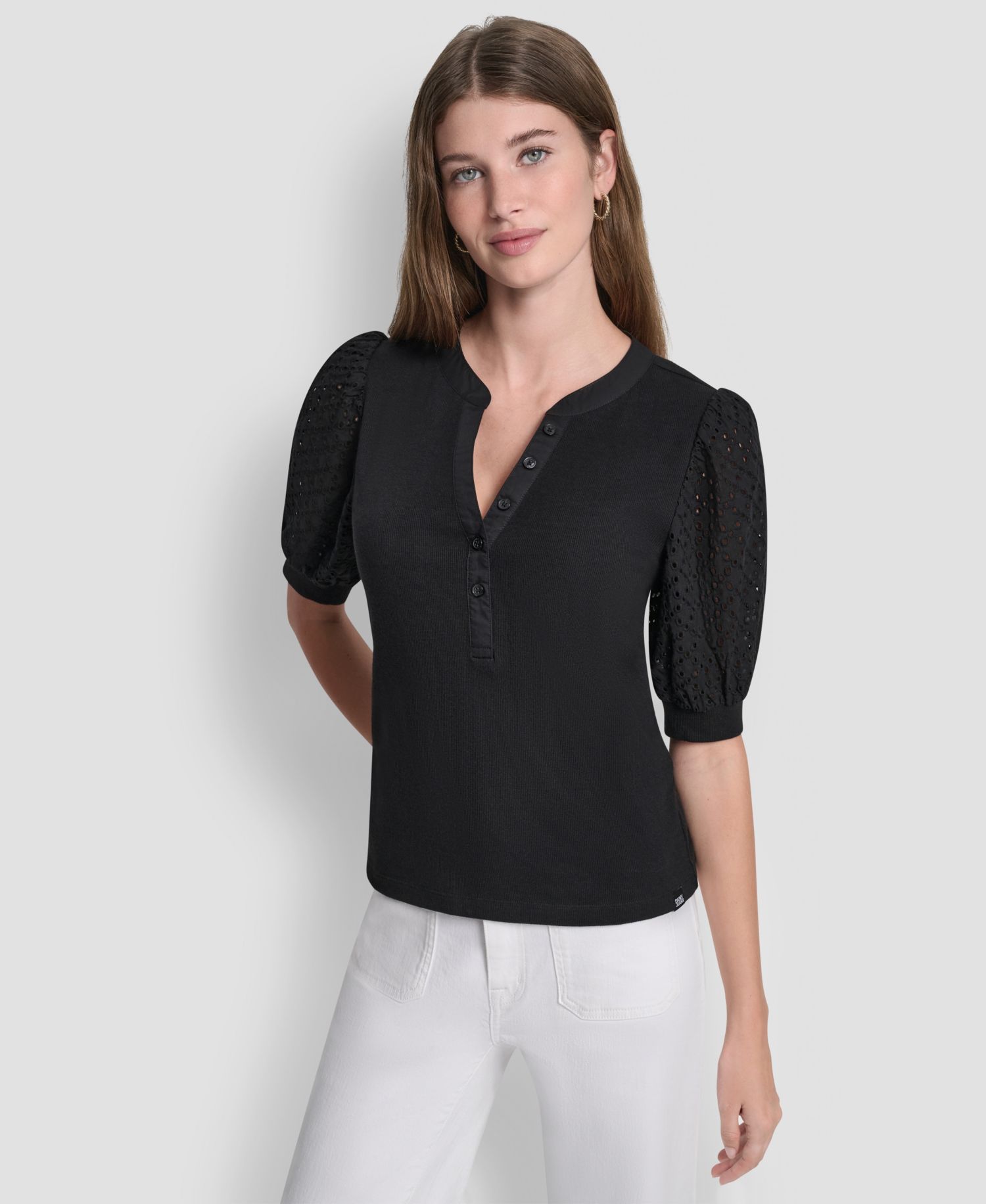 Petite Rib Body Eyelet V-Neck Top