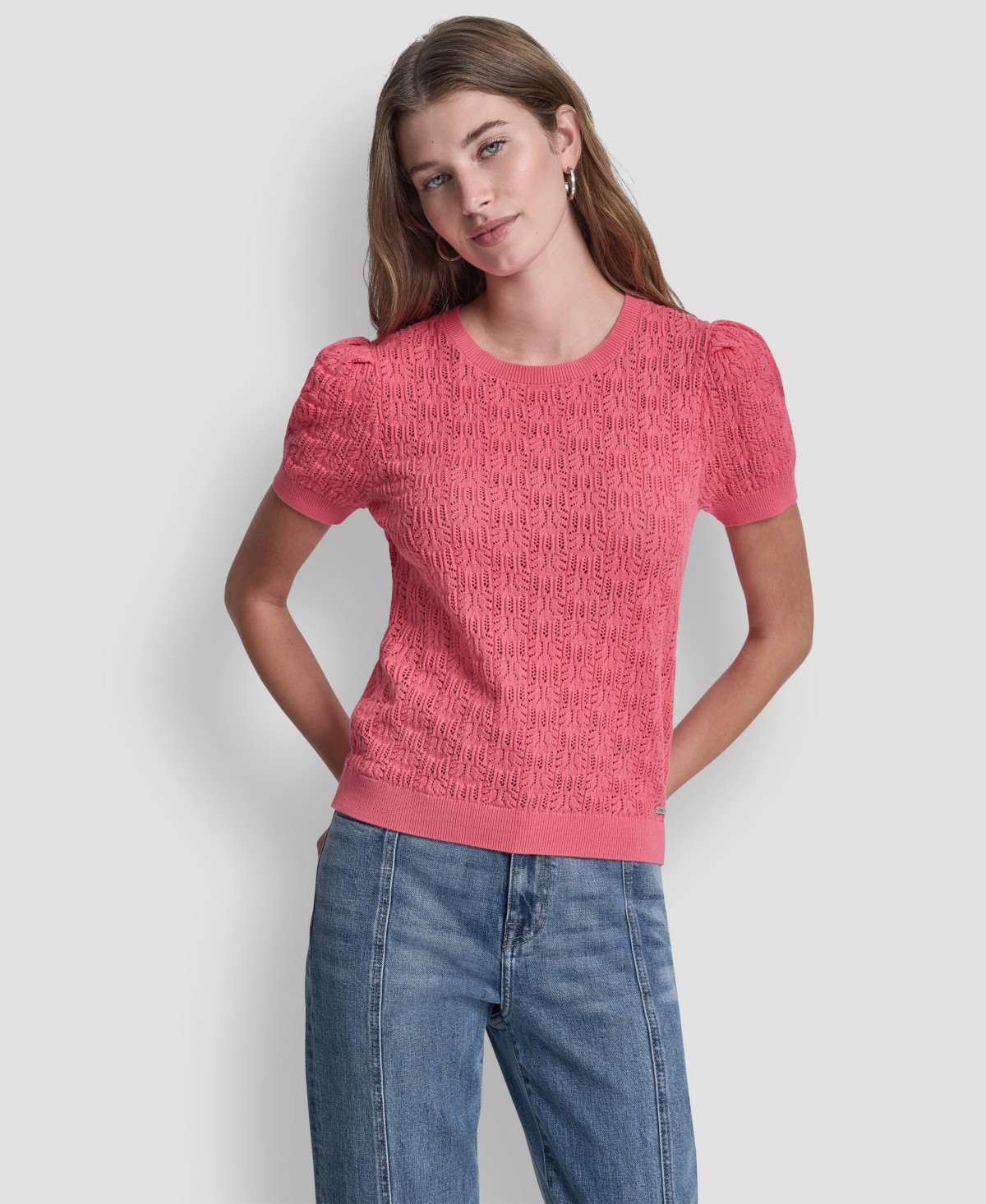 Женские DKNY Jeans Petite Short Sleeve Crew Neck Lace Pointelle Sweater — фото 1