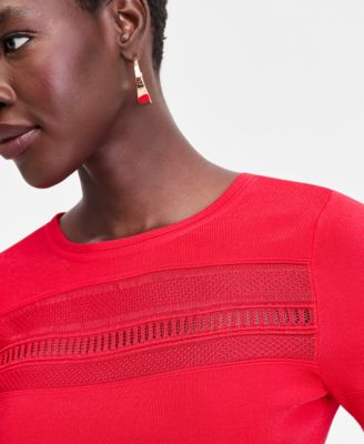 Women's Short Sleeve Pointelle Stripe Sweater