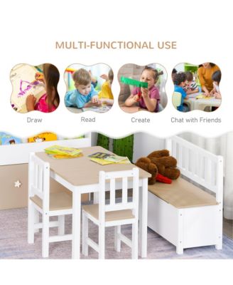 4-Piece Kids Table Set with 2 Wooden Chairs, 1 Storage Bench