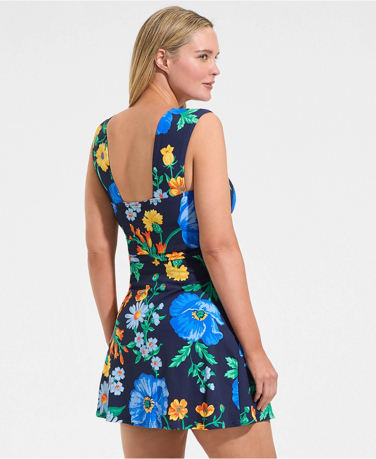 Lands' End Plus New Smoothing Square Neck Ruched Swim Dress Swimsuit