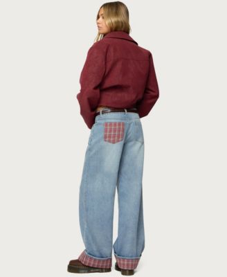 Women's Plaid Cuffed Low Rise Baggy Jeans