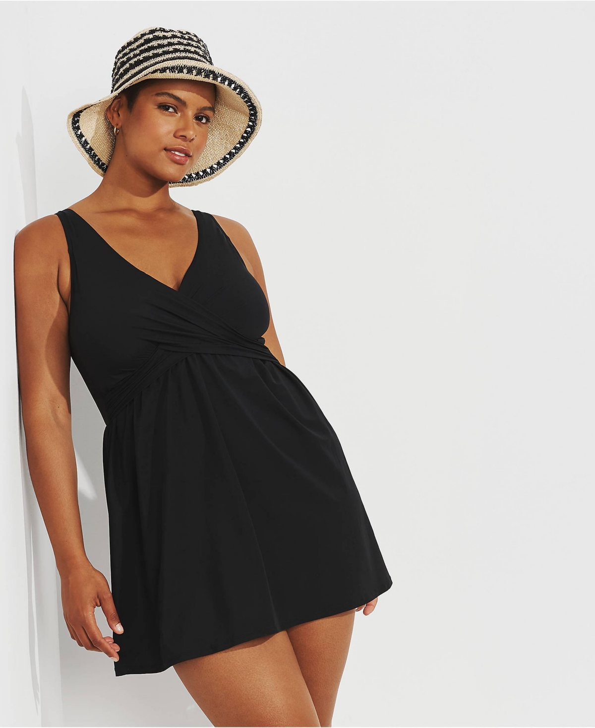 Lands' End Women's SlenderSuit V-neck Wrap Swim Dress One Piece Swimsuit