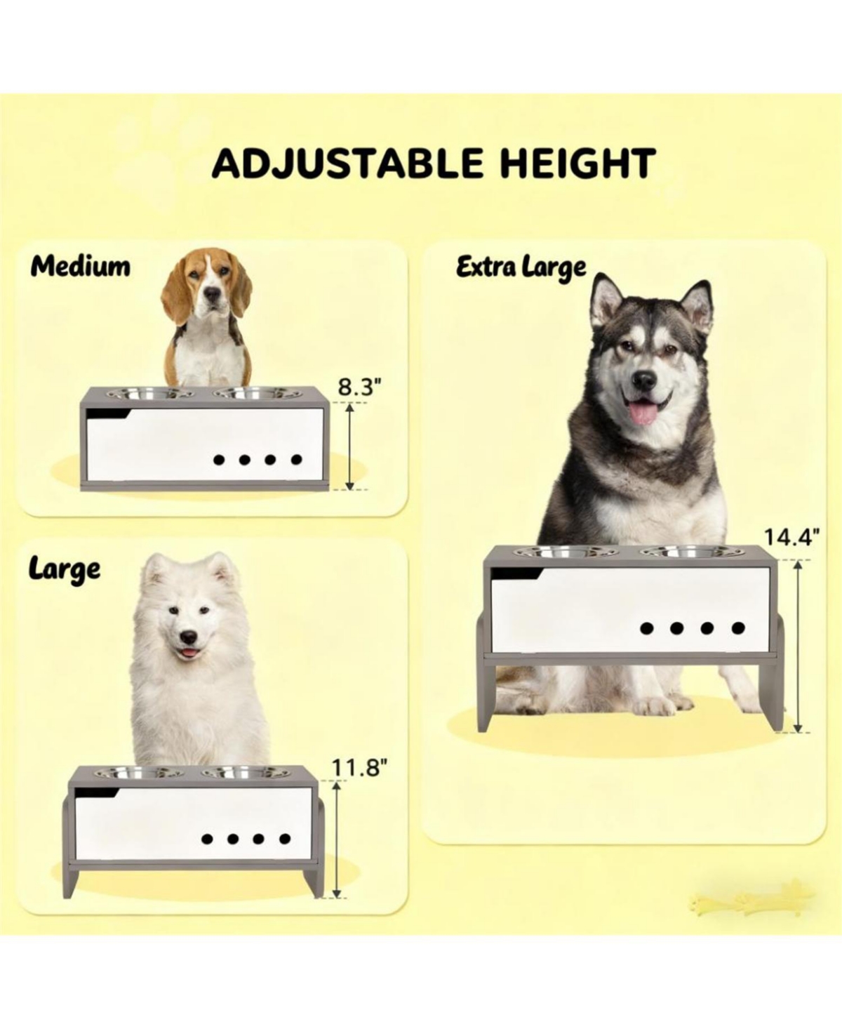 Aostirmotor 24.6 in. Wide 3 Height Adjustable Raised Dog Bowls in Grey