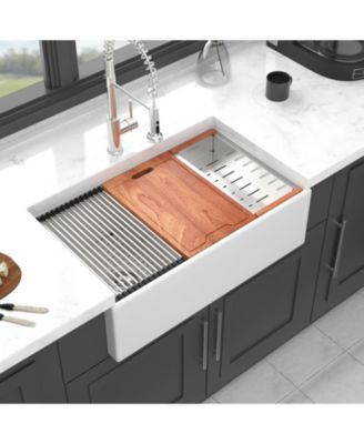 33x20x10inch White Porcelain Ceramic Double Bowl Farmhouse Workstation Kitchen Sink with Full Accessories