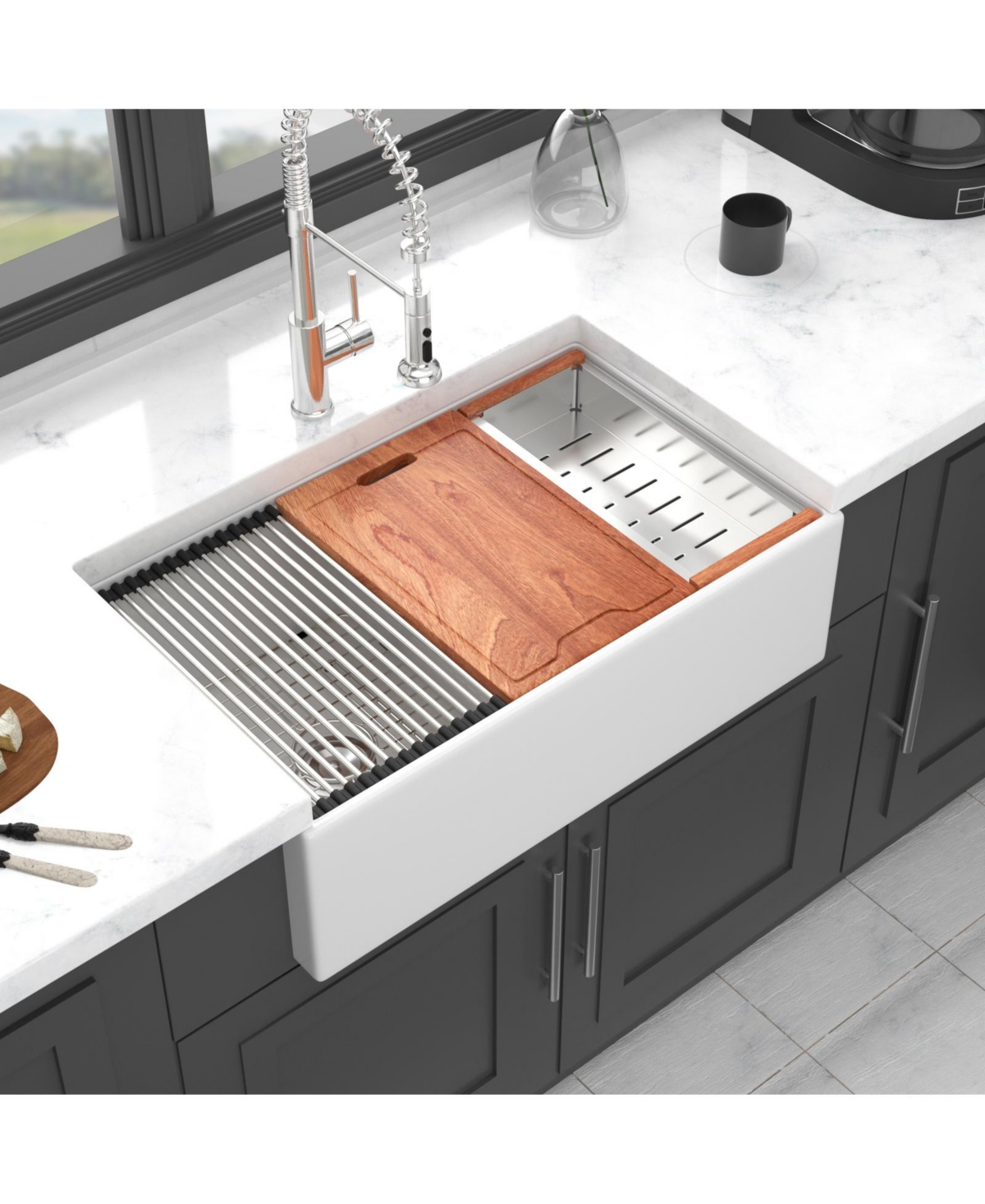 flynama 33x20x10inch White Porcelain Ceramic Double Bowl Farmhouse Workstation Kitchen Sink with Full Accessories