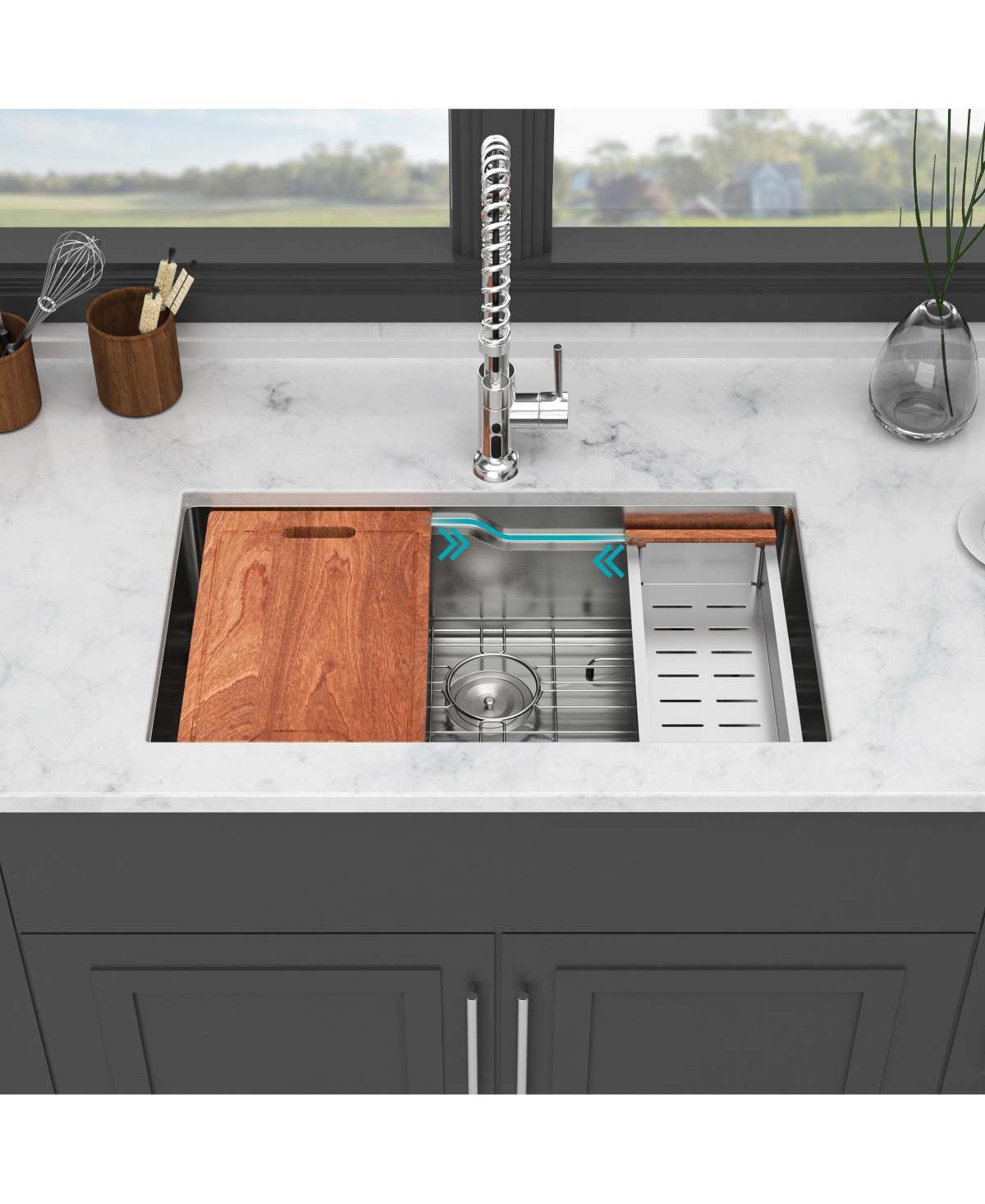 flynama 33inch Undermount Kitchen Sink 16G T304 Stainless Steel Z Shaped Ledge Workstation 33x19x10inch with Full Accessories