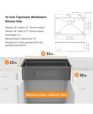 32x22inch Gunmetal Black Workstation Kitchen Sink 18 Gauge Stainless Steel with Faucet