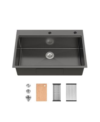 33inch Overmount Single Bowl Black 304 Stainless Steel Handmade Kitchen Sink with Cutting Board and Colander