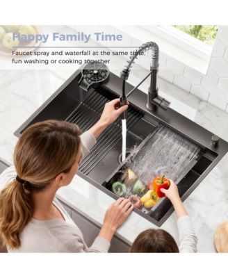 huluwat Gunmetal Black Waterfall Kitchen Sink Workstation Smart Pull Out Faucet Combo