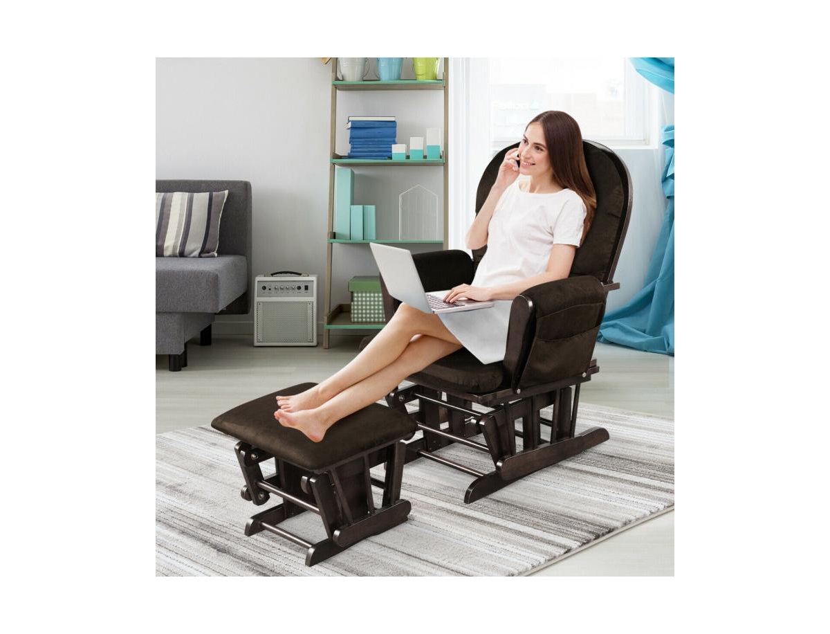 Wood Glider Chair and Ottoman Set with Padded Armrests Detachable Cushion