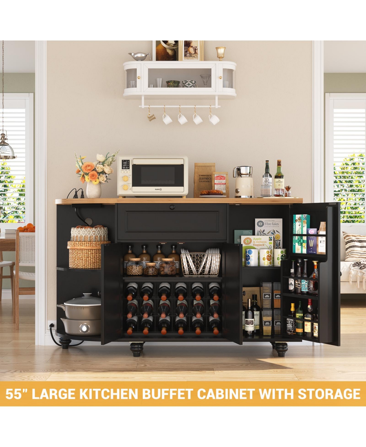 Aheaplus Kitchen Sideboard Buffet Cabinet with Drawer & Cabinets, 55'' Coffee Bar Power Outlets Wine Rack