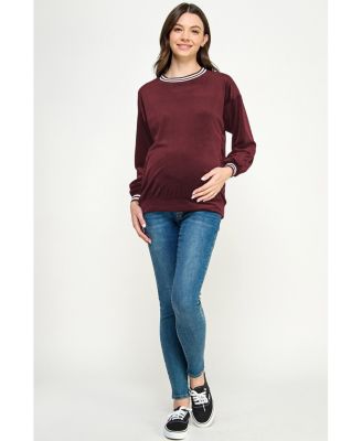 Women's Velvet Striped Neckline Long Sleeve Maternity Sweatshirt Top