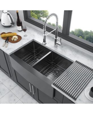 36x21x10inch Gunmetal Black Farmhouse Kitchen Sink Double Bowl Apron Front Stainless Steel