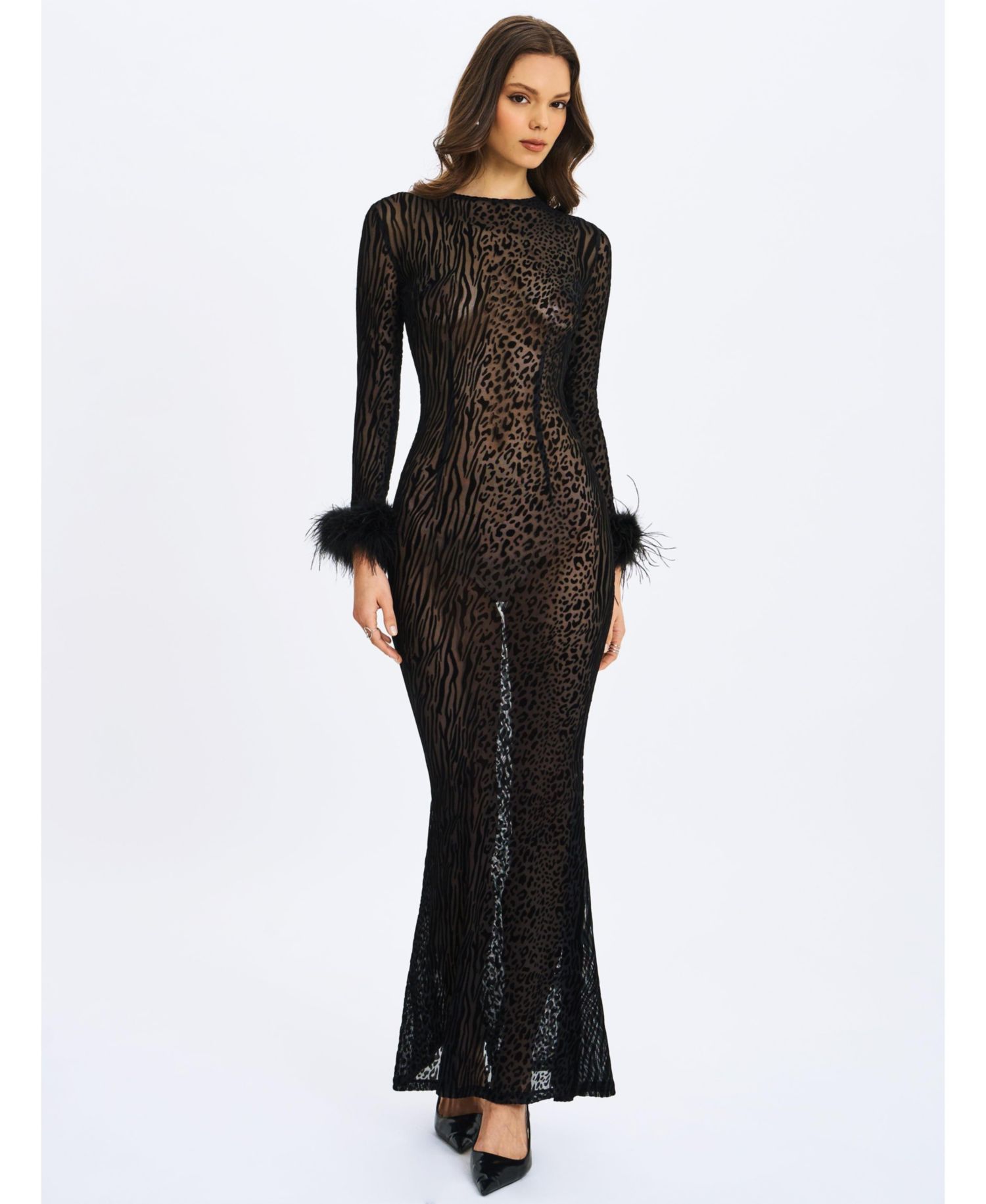 Women's Patricia Black Leopard Burnout Velvet Mesh Backless Maxi Dress