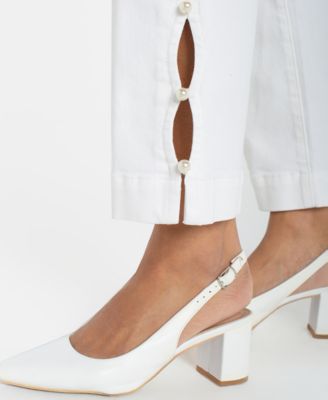 Women's Kennedy Mid Rise Crop Straight Imitation Pearl Trim Jeans