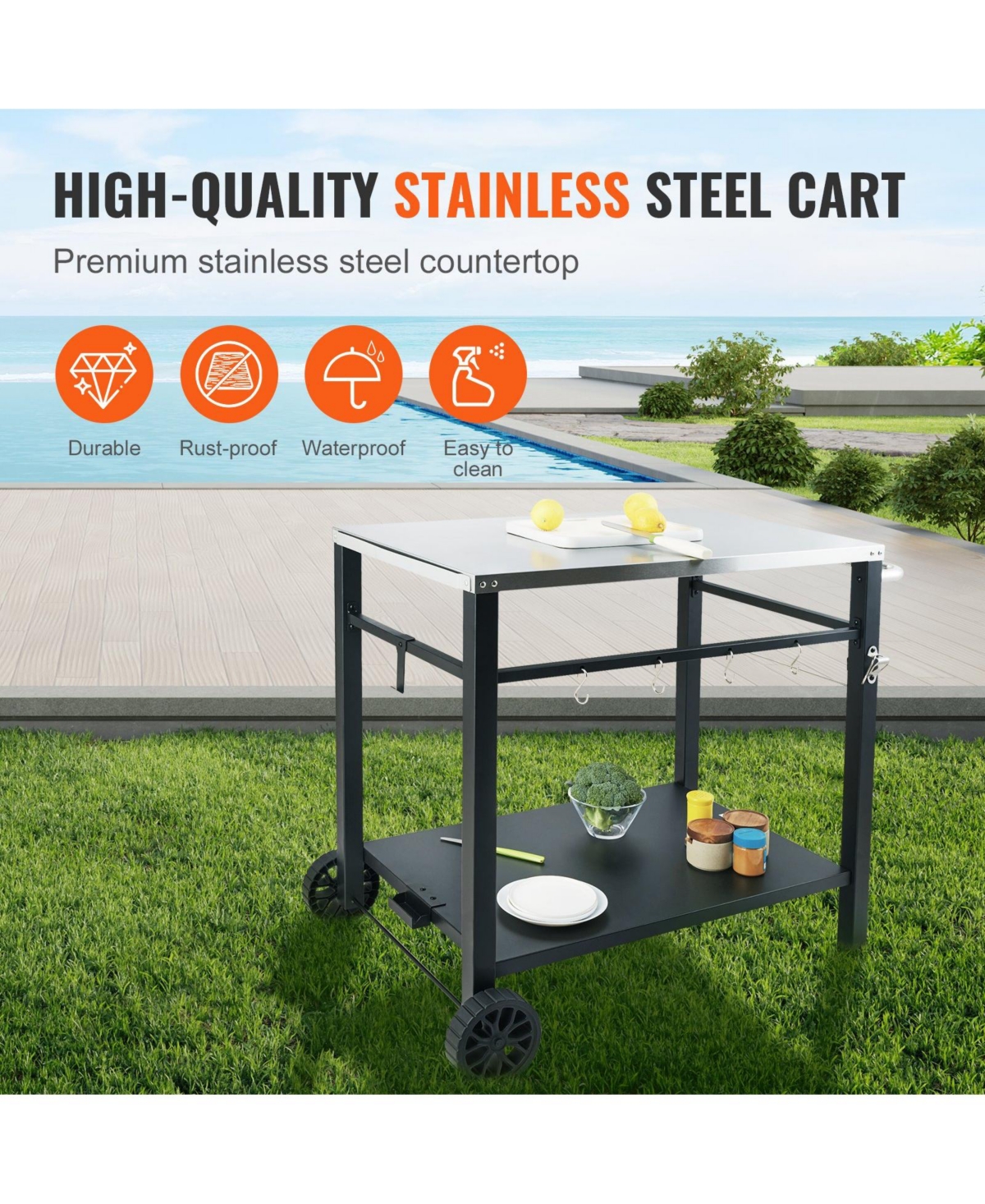 Outdoor Grill Dining Cart, Double Shelf, Stainless Steel Top, 2 Wheels, Carry Handle, Food Prep Table