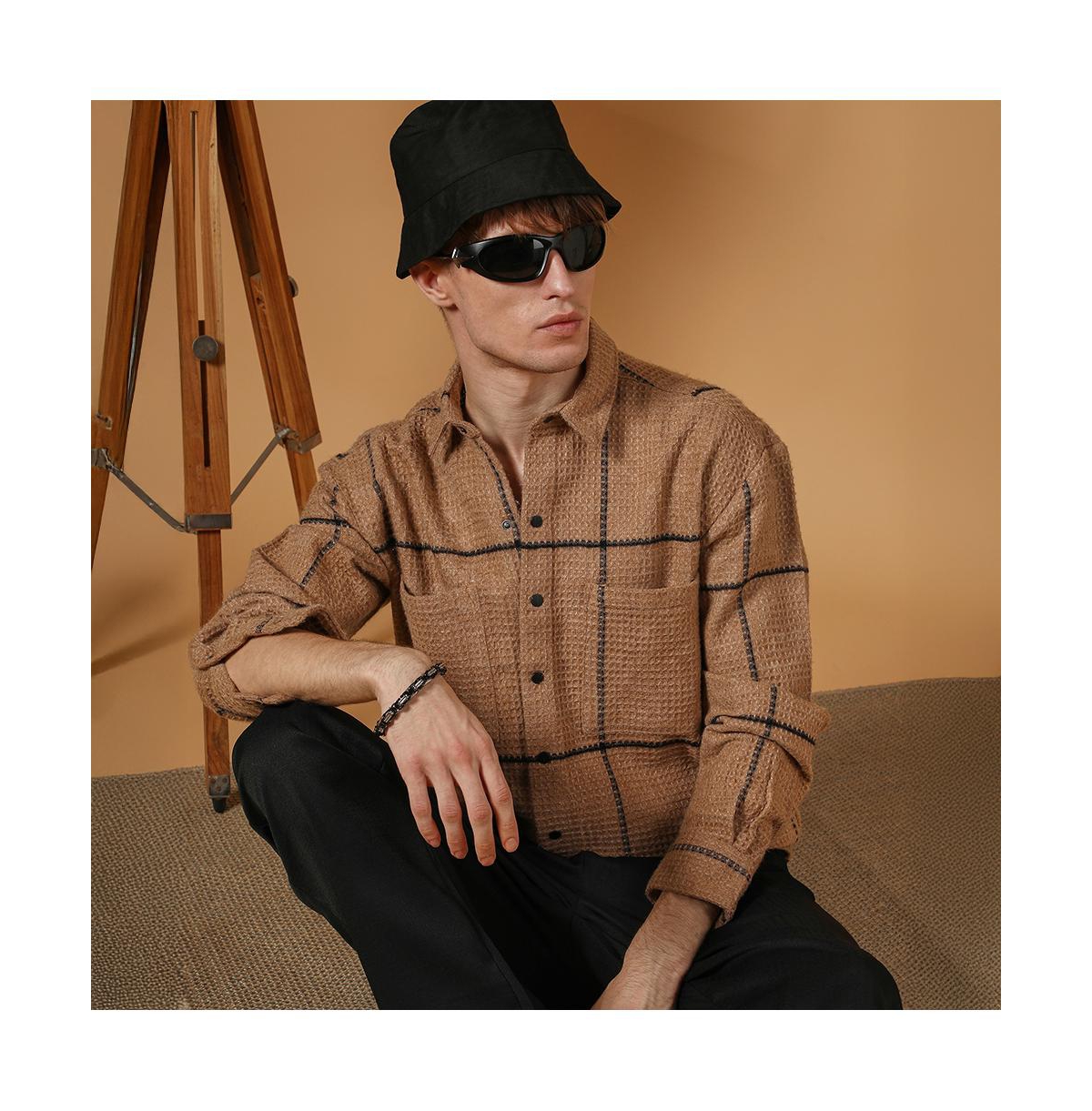 Campus Sutra Men's Ash Brown Graph-Check Waffle Overshirt