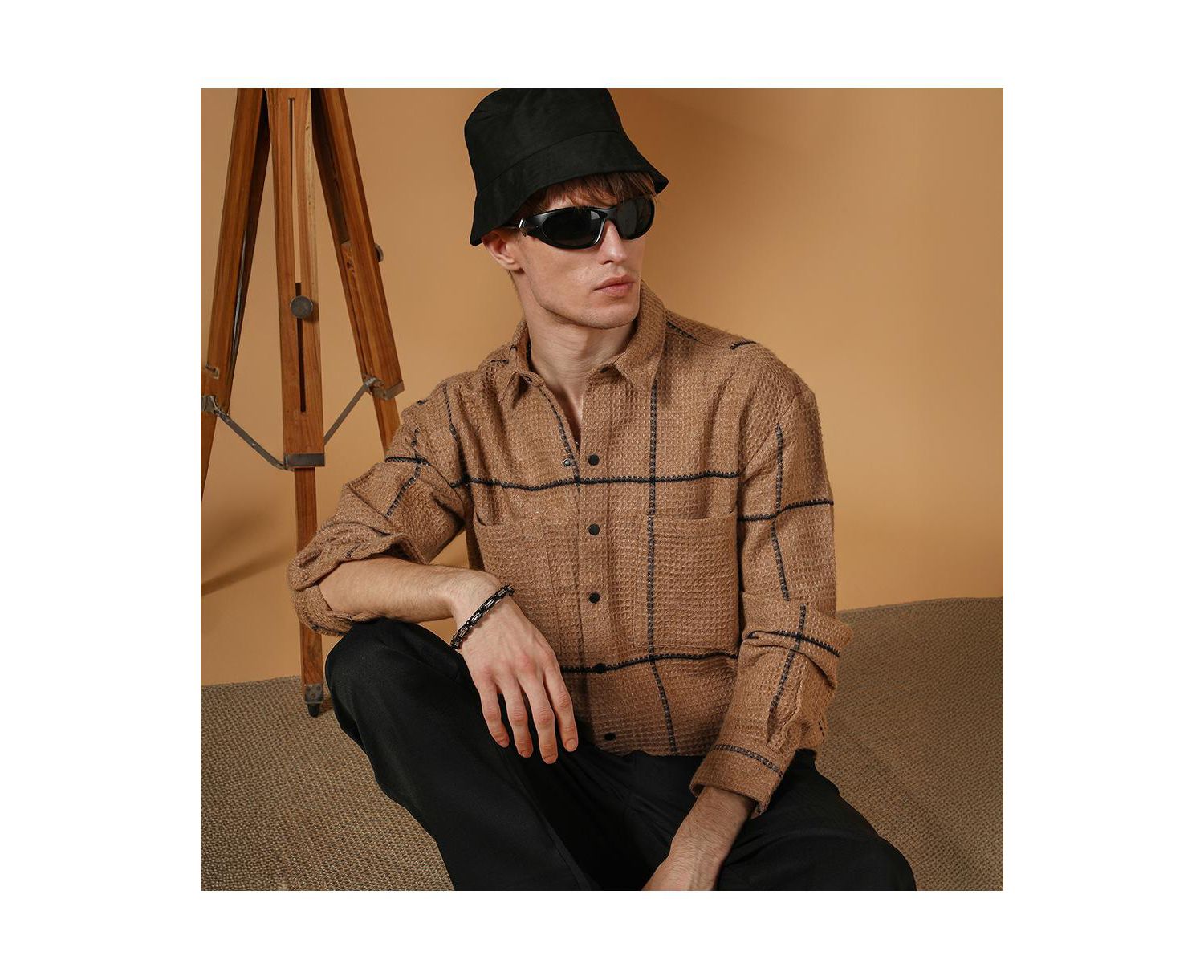 Men's Ash Brown Graph-Check Waffle Overshirt