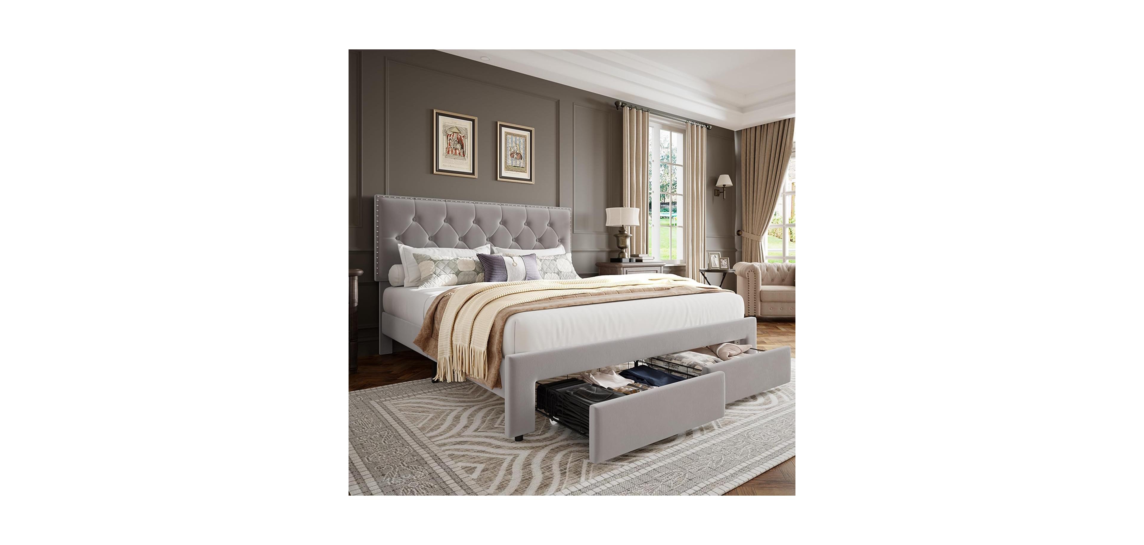 Queen Velvet Bed with 2 Storage Drawers, Tufted Wingback Headboard, Strong Slats, Noise-Free, No Box Spring, Black