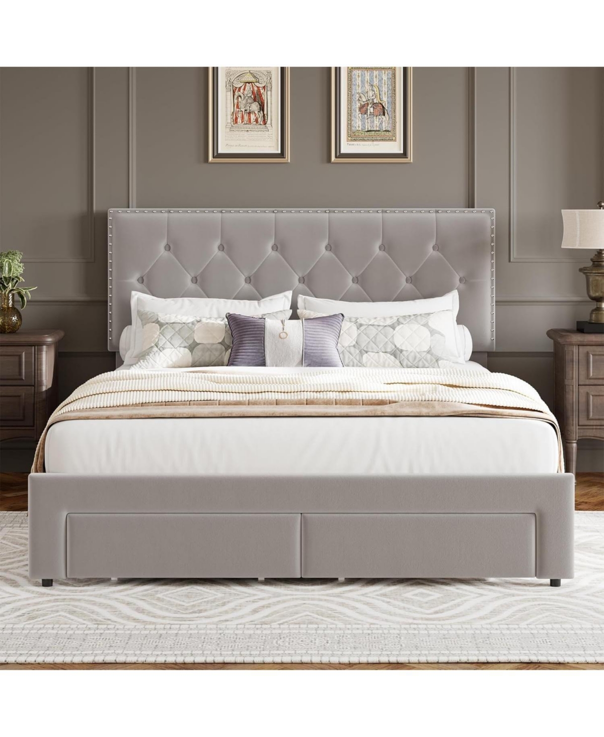 King Velvet Storage Bed with 2 Drawers, Tufted Wingback Headboard, Wood Slats, Noise-Free Support, No Box Spring, Beige
